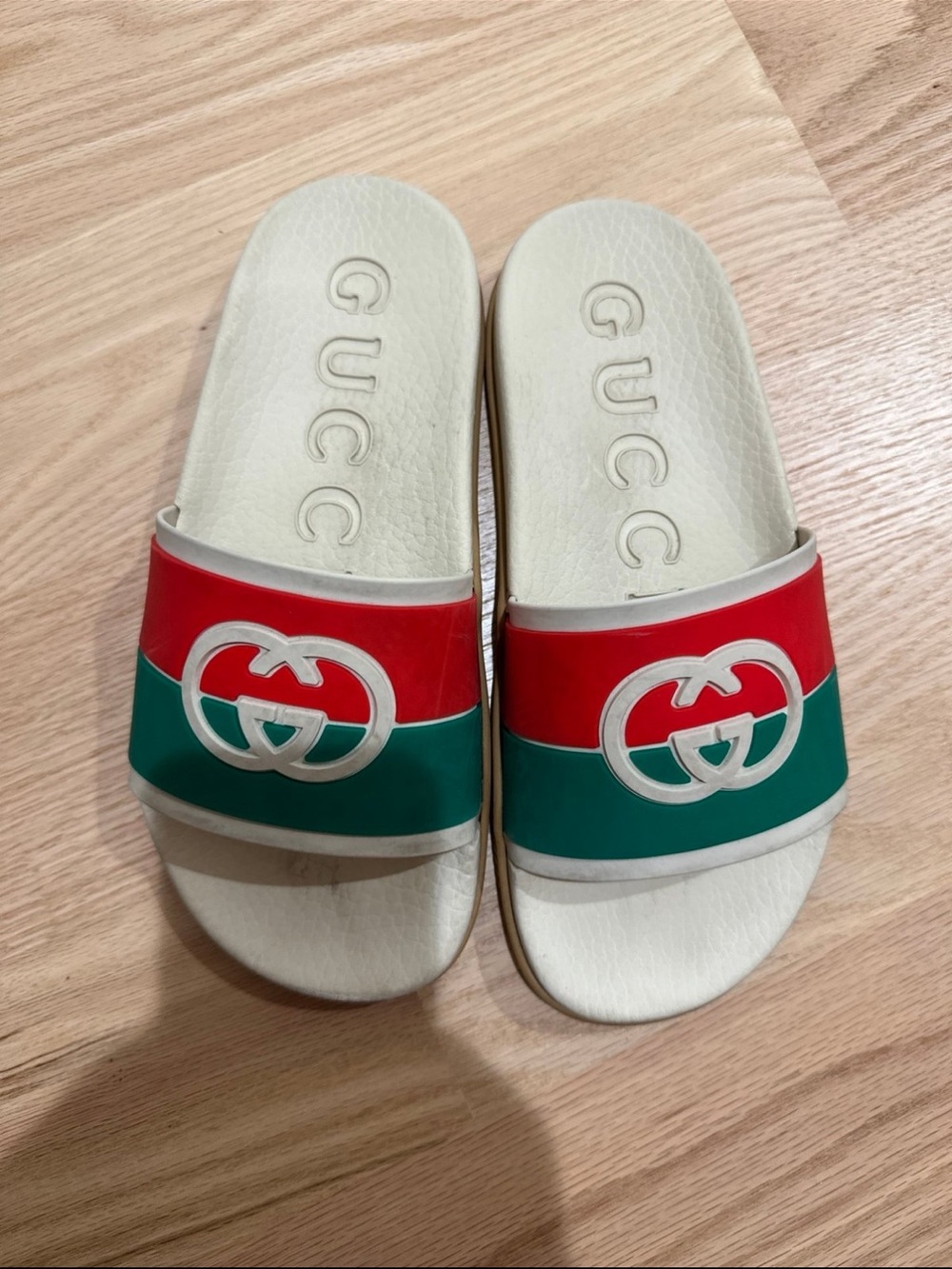 Gucci White Slide Sandals with Red & Green Web Stripe